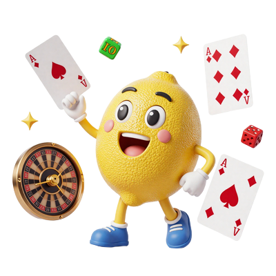Aufgeregter Lemon Casino Maskot umgeben von Spielkarten und Casinosymbolen