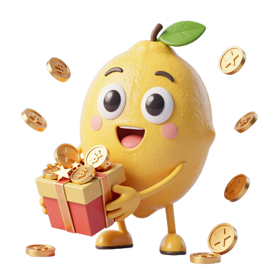 Fr&ouml;hlicher Lemon Casino Maskot mit Geschenkbox und goldenen M&uuml;nzen - Willkommensbonus