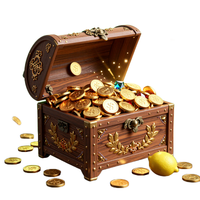 Goldene Schatztruhe mit M&uuml;nzen und Edelsteinen - Lemon Casino Treasure Boxes Treueprogramm