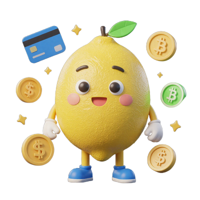 Lemon Casino Maskot mit Zahlungssymbolen, Kreditkarten und Krypto-Icons